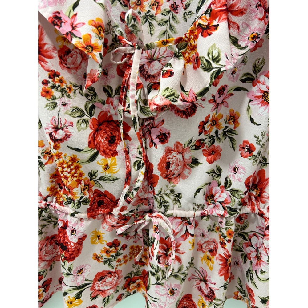 Old Navy Pink Floral Ruffle V-Neck Peplum Tie Front Blouse Long Sleeve Tall L - Picture 10 of 11